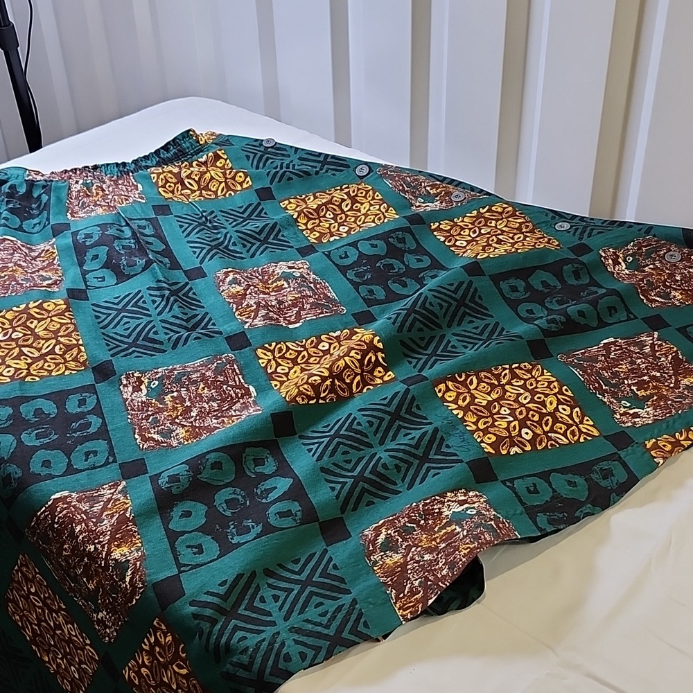 Gene Ewing BIS Vintage 80s Patchwork Print Circle Skirt Green Brown Size Small - Picture 3 of 10